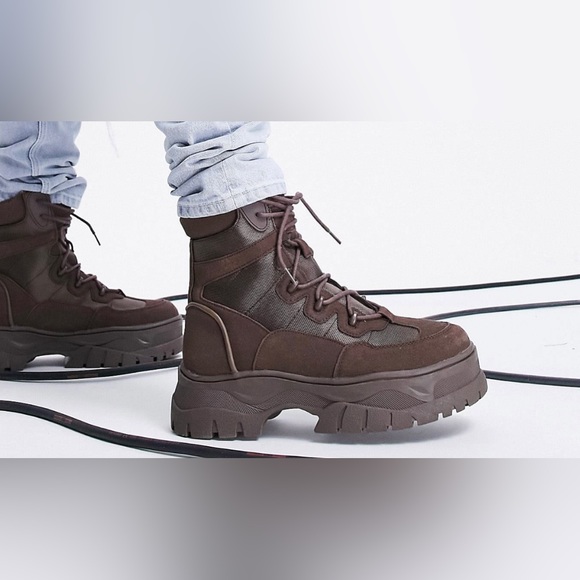 ASOS DESIGN lace up boots in brown faux suede on chunky sole. New; UNWORN - Picture 2 of 3